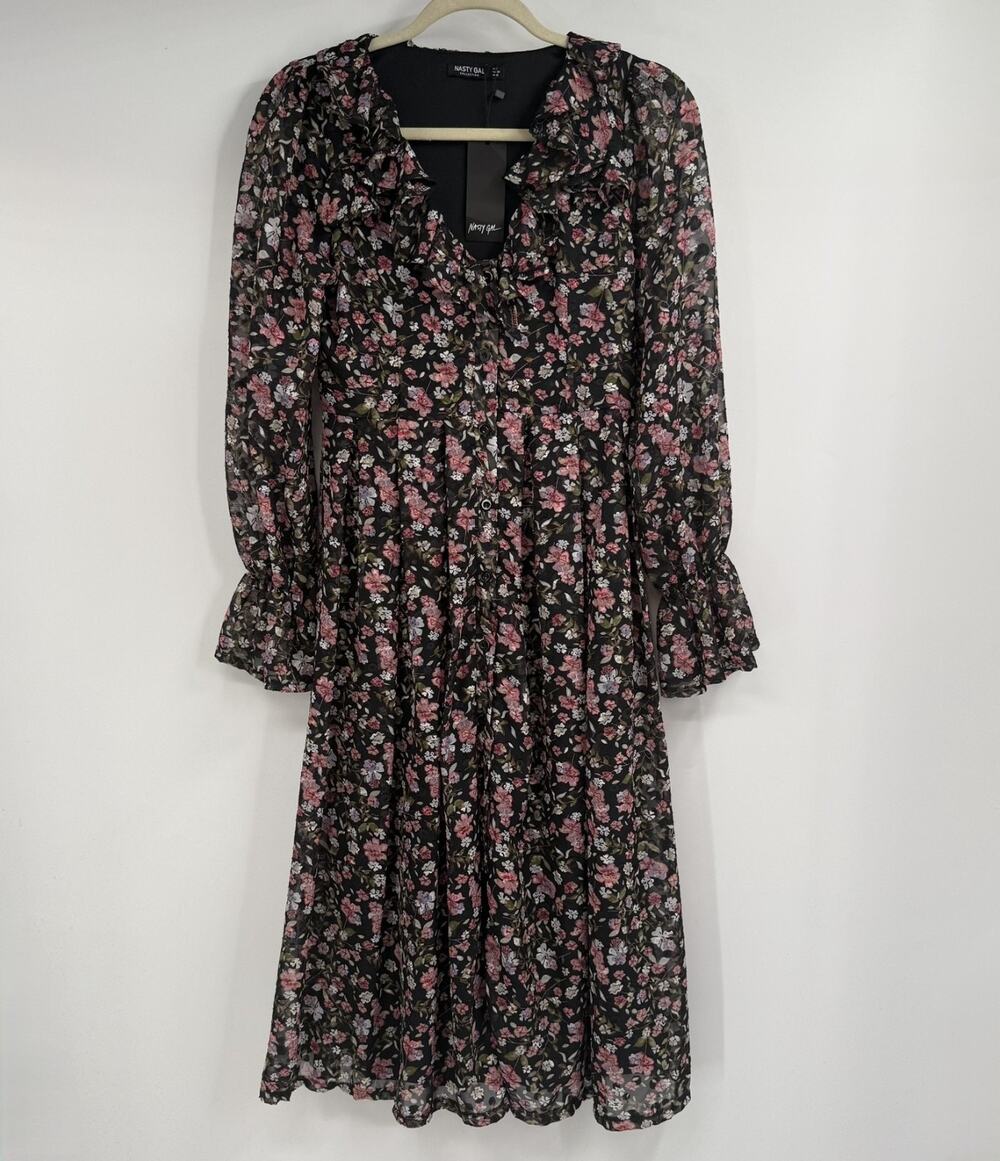 NWT Nasty Gal Floral Button Through Dress Womens 6 Black Ruffle Romantic